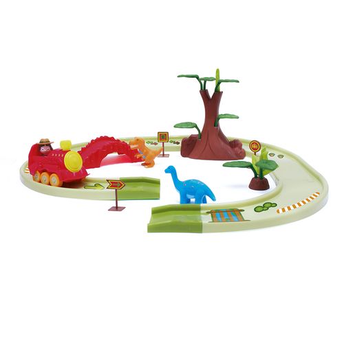 Juego dino 29 piezas, 2 dinosaurios, 1 locomotora, 1 vagon, accesorios