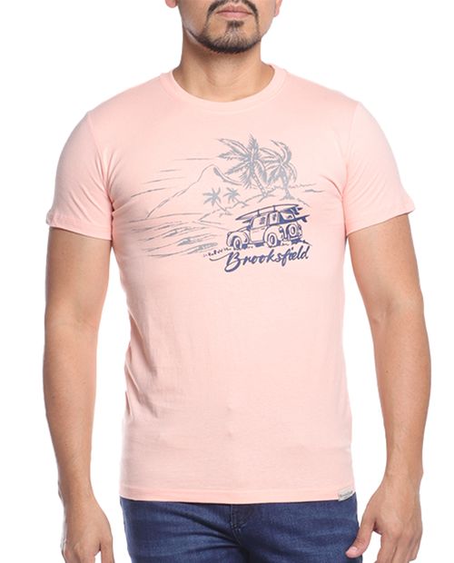 Camiseta rosada estampado playero para hombre