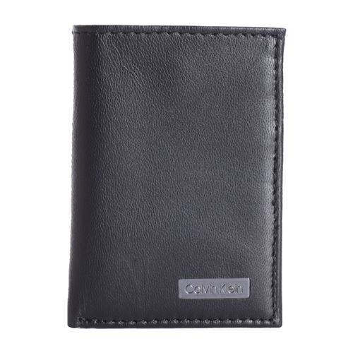 Billetera trifold Calvin Klein negra con textura para hombre