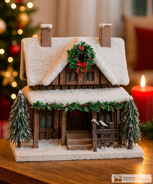 Casa navideña nevada con luz 31 x 23.5 x 30.5 cm