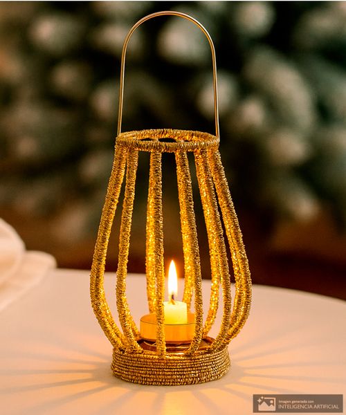 Portavelas decorativo metálico dorado 11 x 11 x 15.50 cm