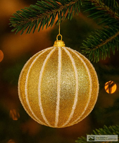 Set de 4 esferas navideñas doradas con glitter y líneas blancas 10 cm