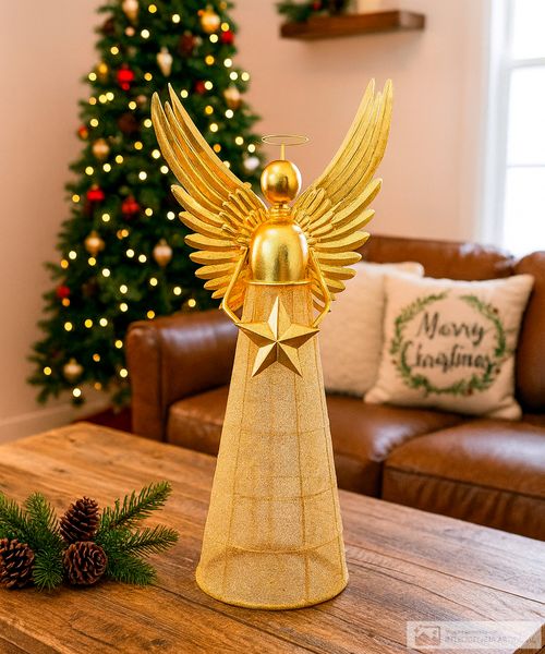 Ángel decorativo metálico dorado  51.4 x 31.5 x 101 cm