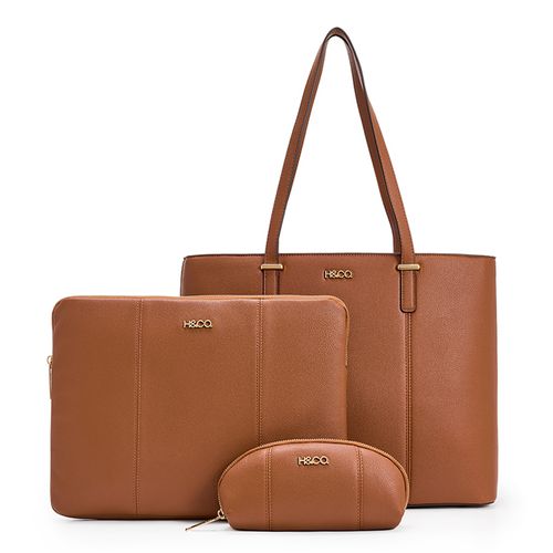 Cartera tote y portalaptop H&Co Carlotta color café para mujer